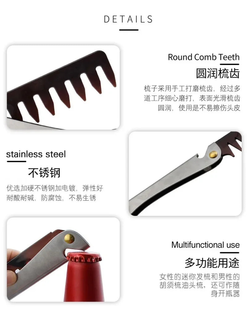 Stainless Steel Handle Folding Wide Teeth Men Comb