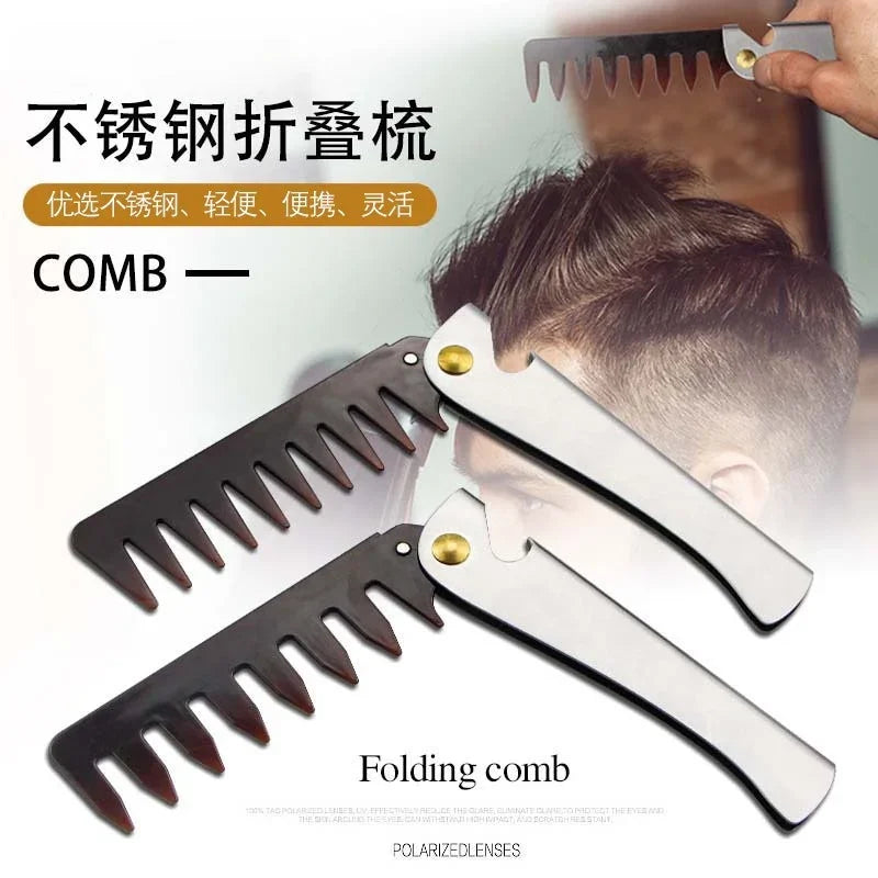 Stainless Steel Handle Folding Wide Teeth Men Comb