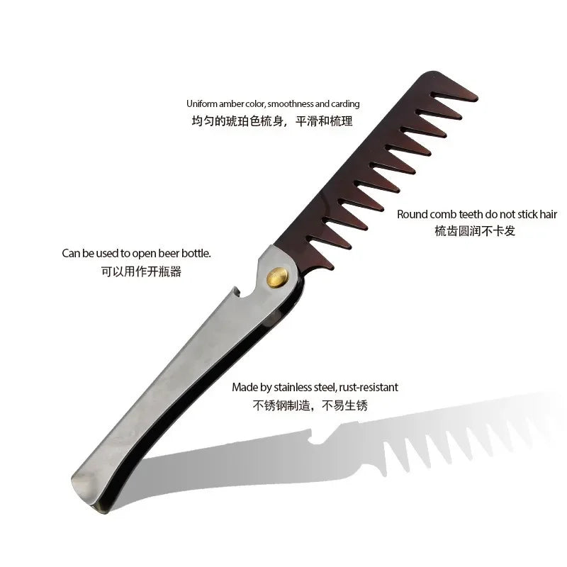 Stainless Steel Handle Folding Wide Teeth Men Comb