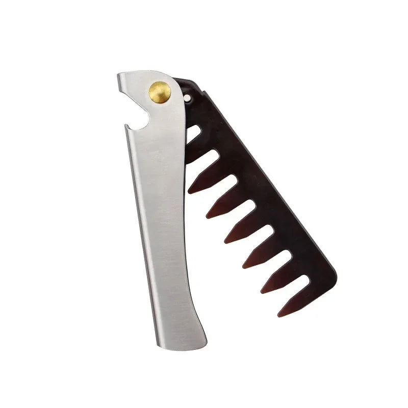 Stainless Steel Handle Folding Wide Teeth Men Comb