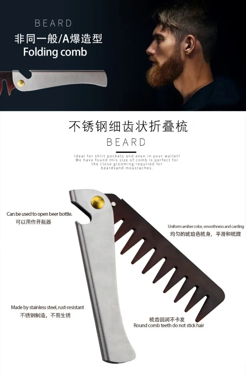 Stainless Steel Handle Folding Wide Teeth Men Comb